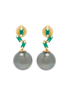 One of a Kind Earrings, 18k Yellow Gold with Emerald &  Tahitian Pearl